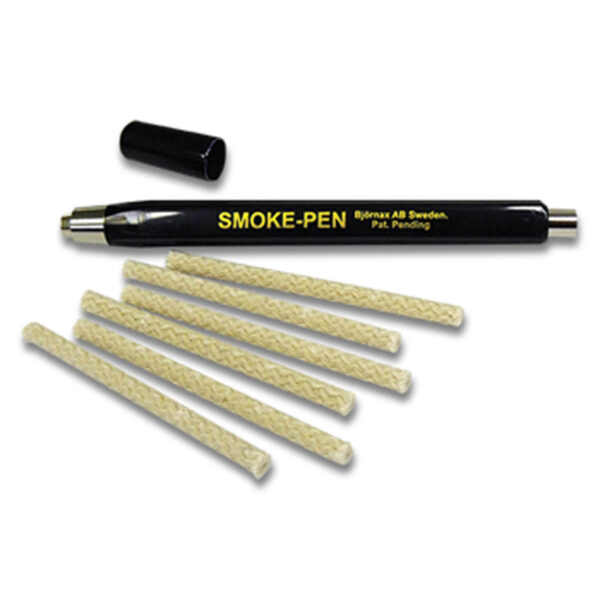 An image of a black Nu-Calgon Smoke Pen with 6 replacement wicks in front of a white background.