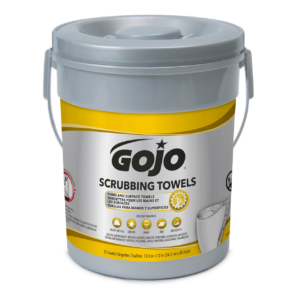 A picture of a bucket of 40508 - GOJO Scrubbing Towels in front of a white background.