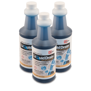 Three bottles of 50391 - LiquidDrain Acid-Free Drain Cleaner in front of a white background.