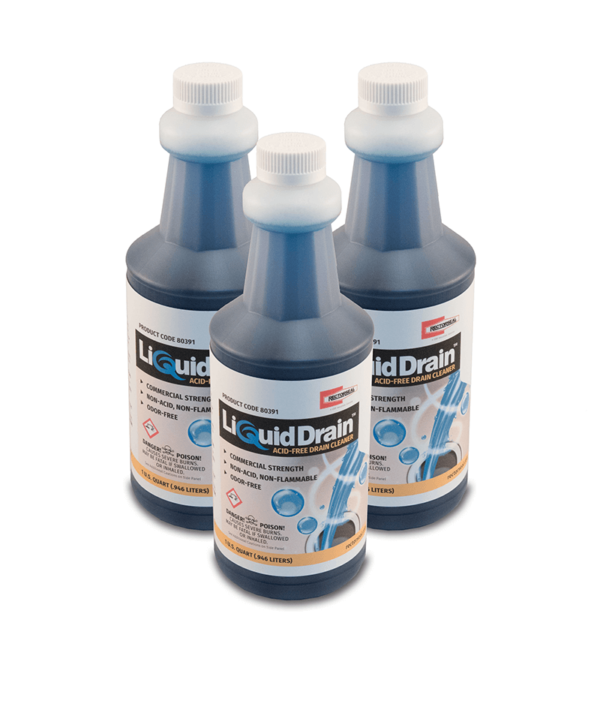 Three bottles of 50391 - LiquidDrain Acid-Free Drain Cleaner in front of a white background.